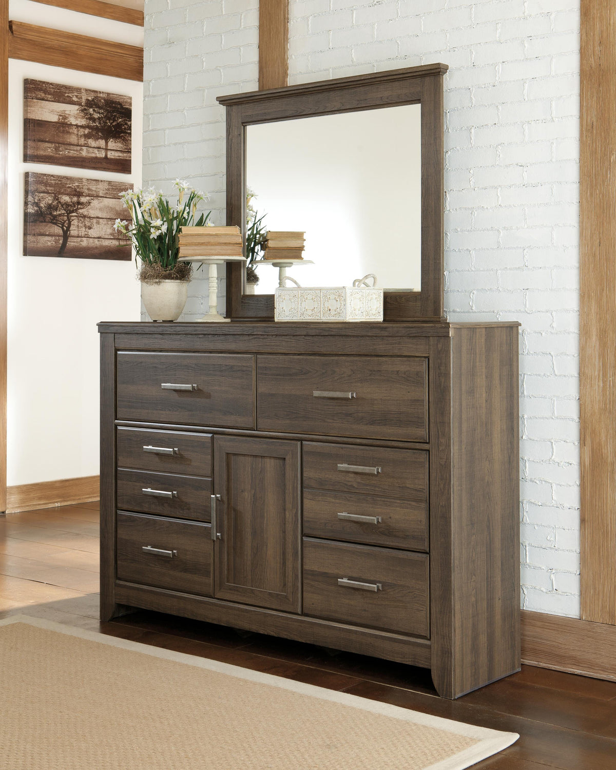 Juararo California King Panel Bed, Dresser, Mirror, Chest and Nightstand