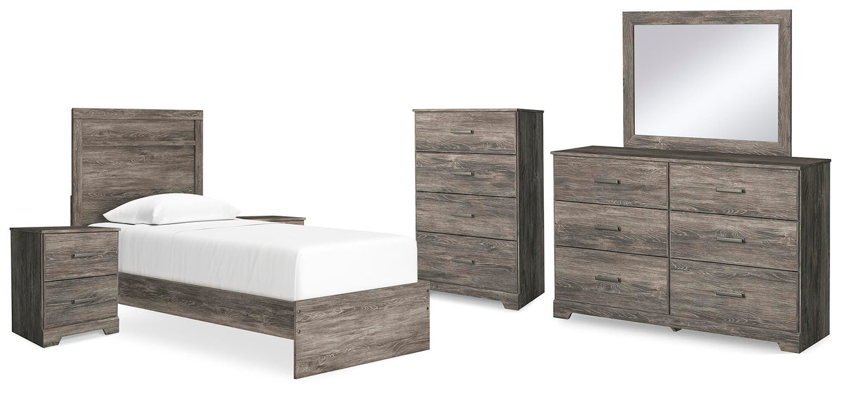 Ralinksi Panel Bed Set - Twin, Mirrored Dresser, Chest and 2 Nightstands
