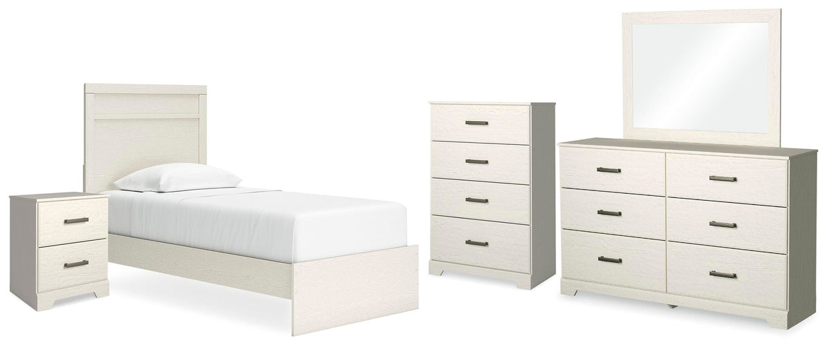 Stelsie Panel Bed Set - Twin, Mirrored Dresser, Chest and Nightstand