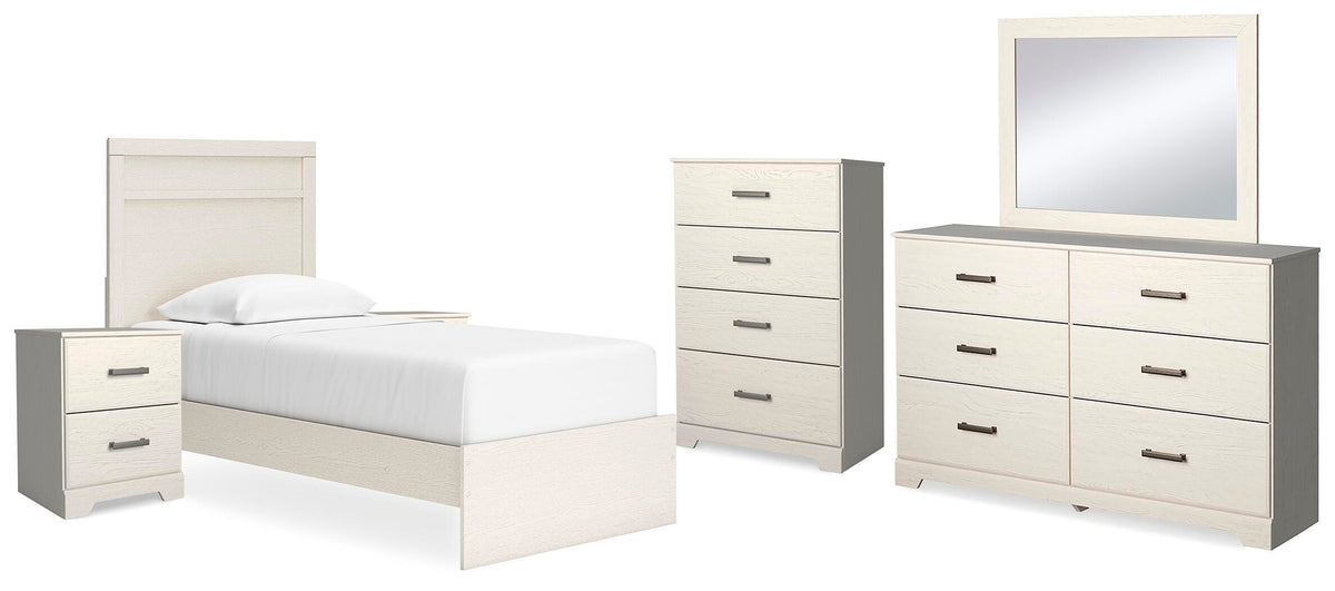 Stelsie Panel Bed Set - Twin, Mirrored Dresser, Chest and 2 Nightstands