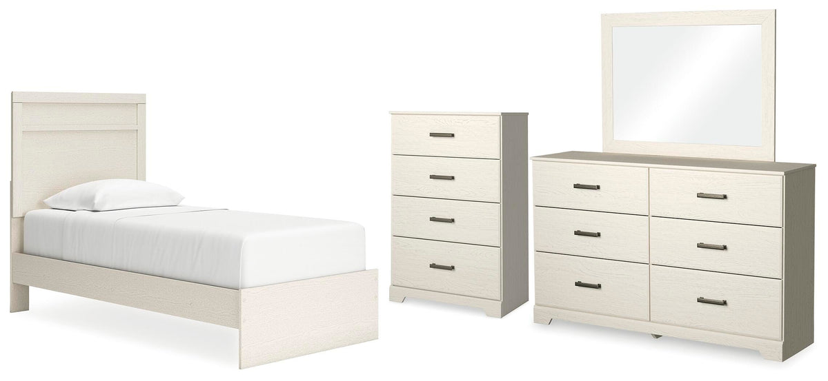 Stelsie Panel Bed Set - Twin, Mirrored Dresser and Chest