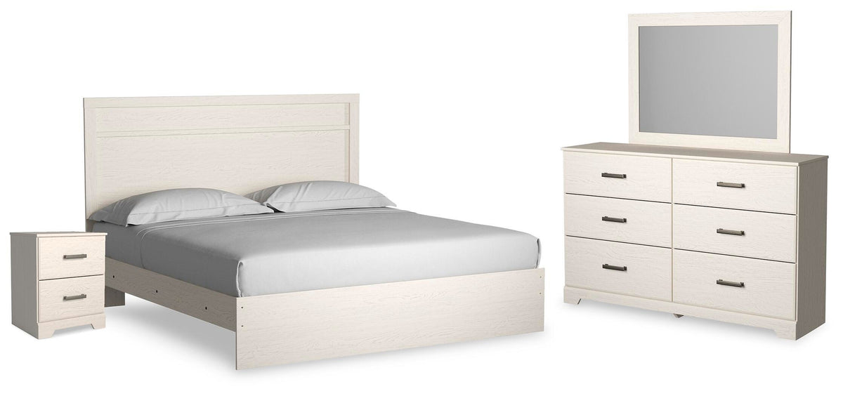 Stelsie Panel Bed Set - King, Mirrored Dresser and Nightstand