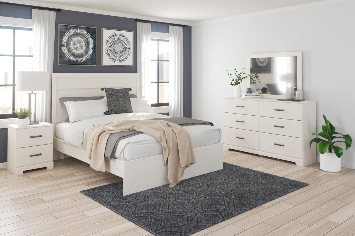 Stelsie Panel Bed Set - Queen, Mirrored Dresser and Nightstand
