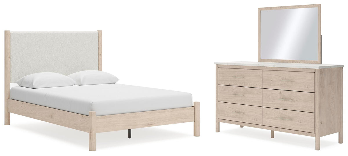 Cadmori Upholstered Panel Bed Set - Queen, Mirrored Dresser