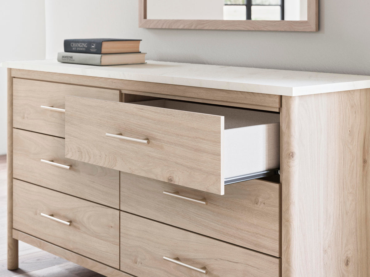 Cadmori Full Upholstered Panel Bed, Dresser and Mirror