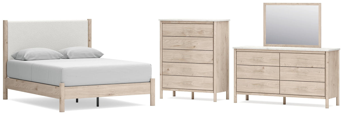 Cadmori Upholstered Panel Bed Set - Queen, Mirrored Dresser and Chest