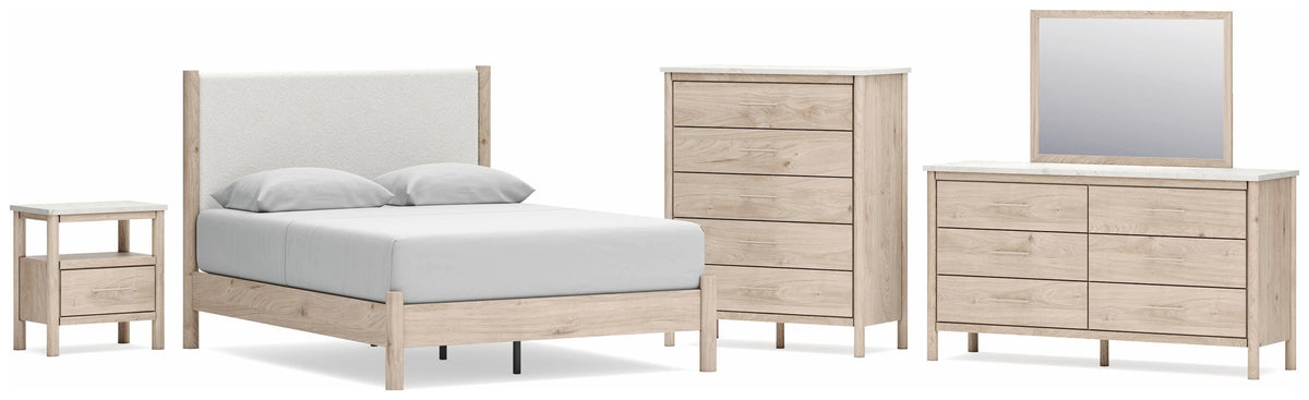 Cadmori Upholstered Panel Bed Set - Queen, Mirrored Dresser, Chest and Nightstand