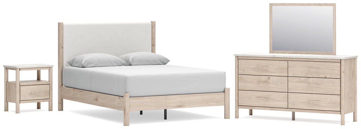 Cadmori Upholstered Panel Bed Set - Queen, Mirrored Dresser and Nightstand