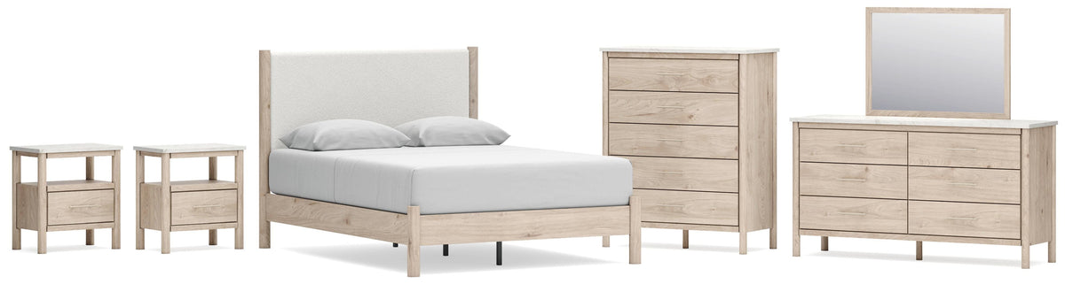 Cadmori Upholstered Panel Bed Set - Queen, Dresser, Mirror, Chest and 2 Nightstands