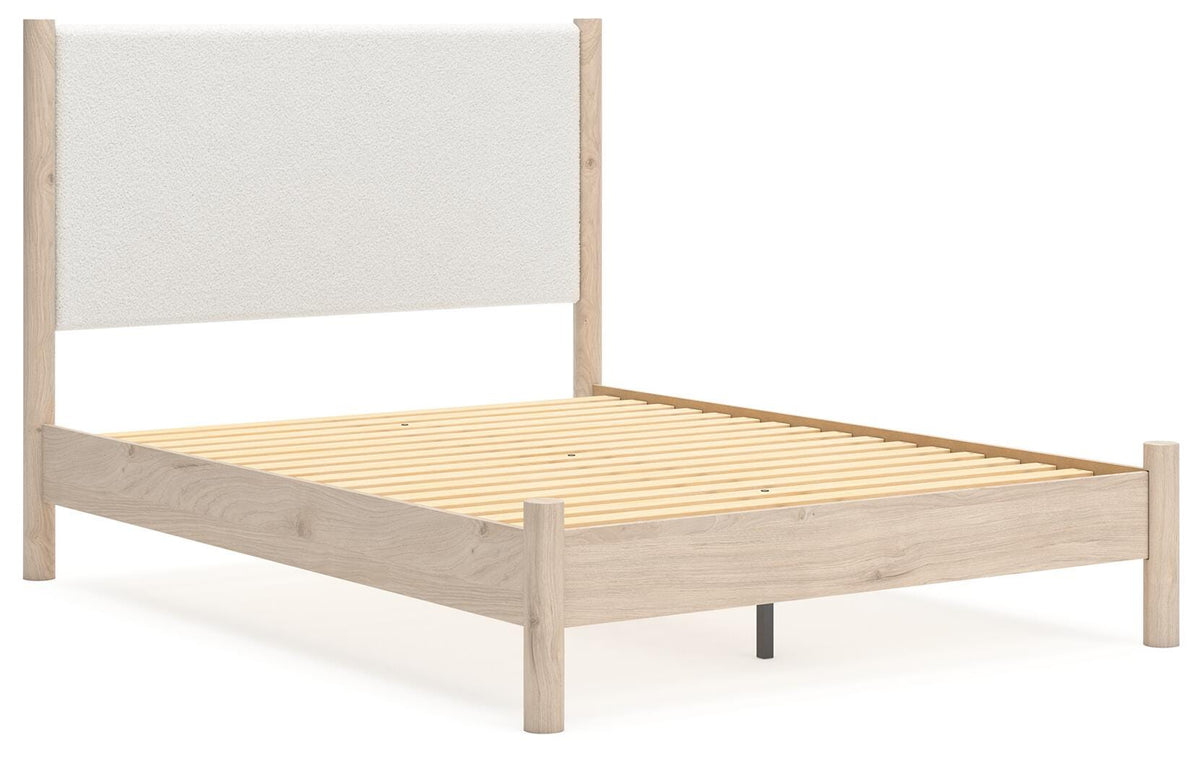 Cadmori Queen Upholstered Panel Bed, Dresser and Mirror