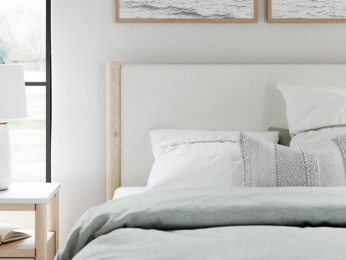 Cadmori Upholstered Panel Bed Set - Queen, Mirrored Dresser