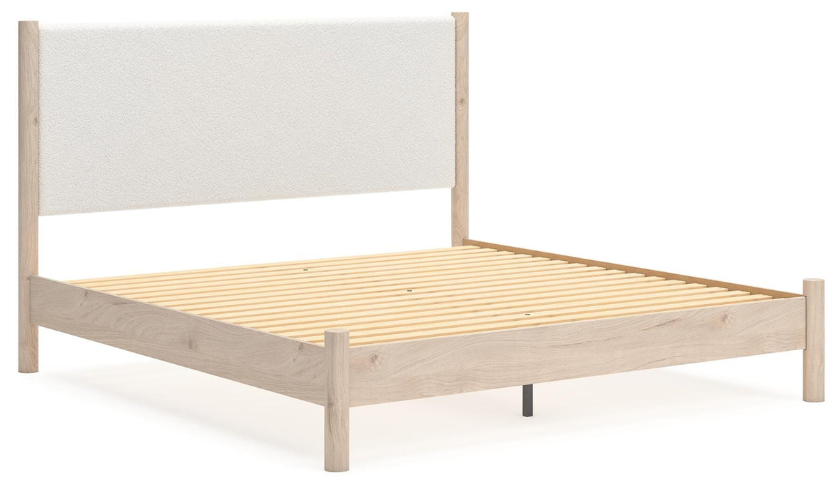 Cadmori King Upholstered Panel Bed, Dresser, Mirror and Nightstand