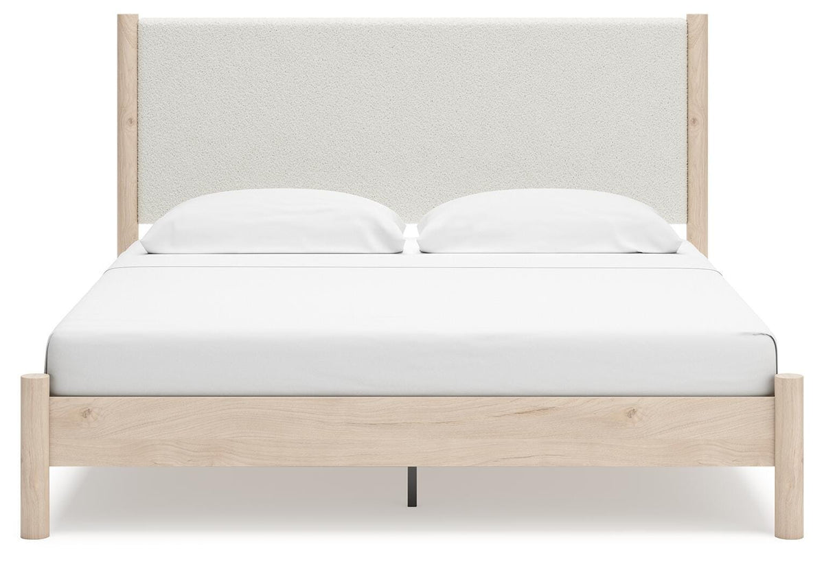 Cadmori King Upholstered Panel Bed, Dresser, Mirror and Nightstand
