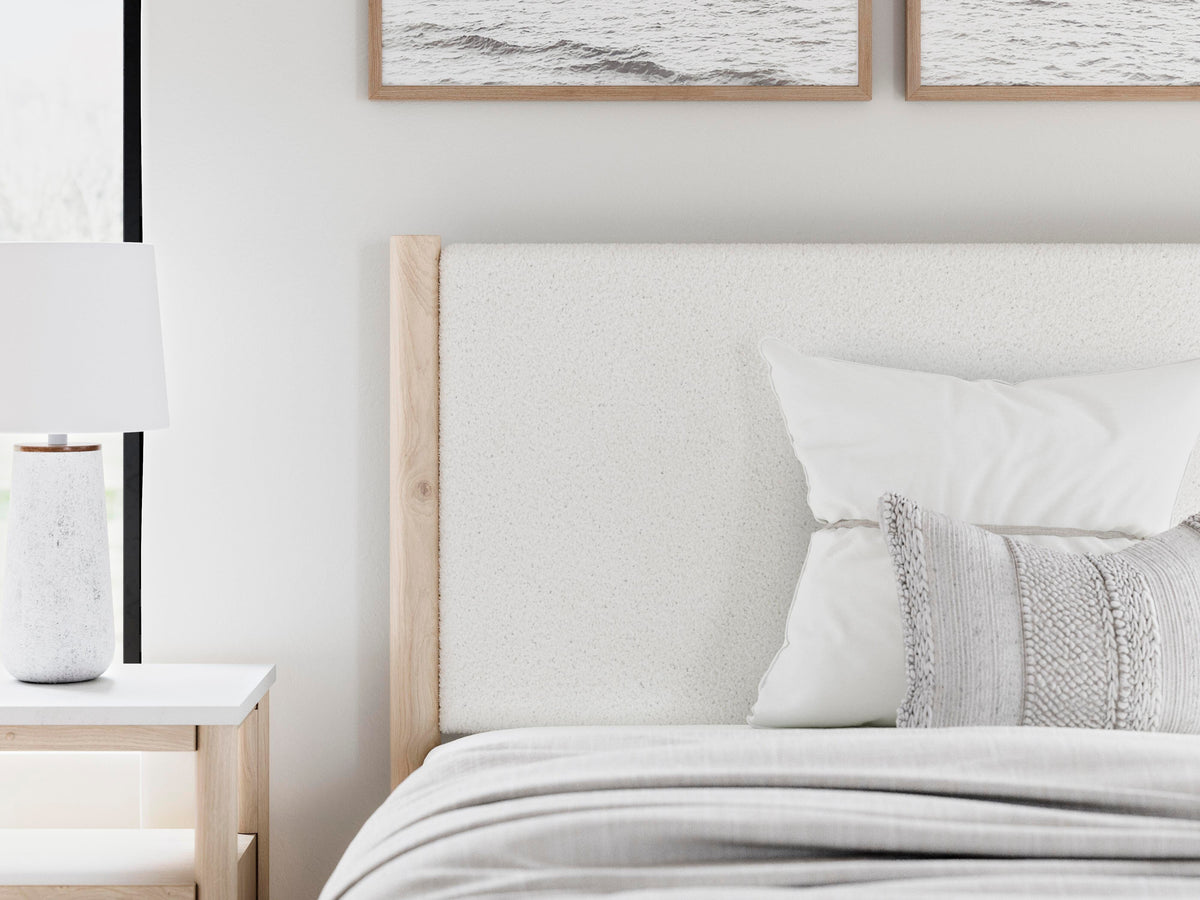 Cadmori Full Upholstered Panel Bed, Dresser and Mirror