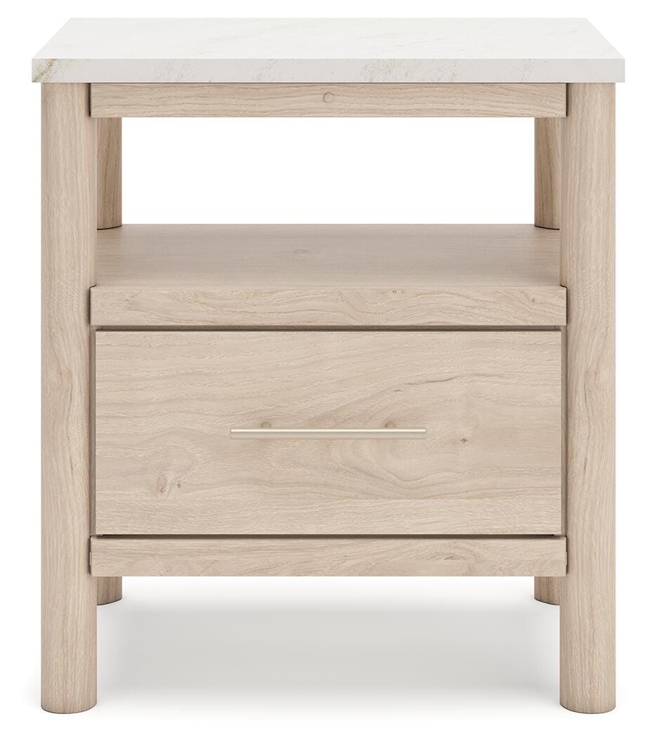 Cadmori King Upholstered Panel Bed, Dresser, Mirror and Nightstand
