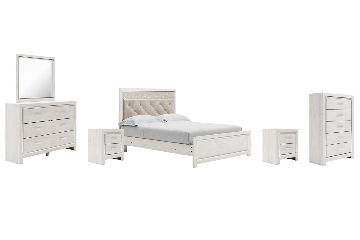 Altyra Panel Bed Set - Queen, Mirrored Dresser, Chest and 2 Nightstands