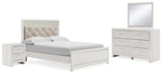 Altyra Queen Upholstered Panel Bed, Dresser, Mirror, and Nightstand