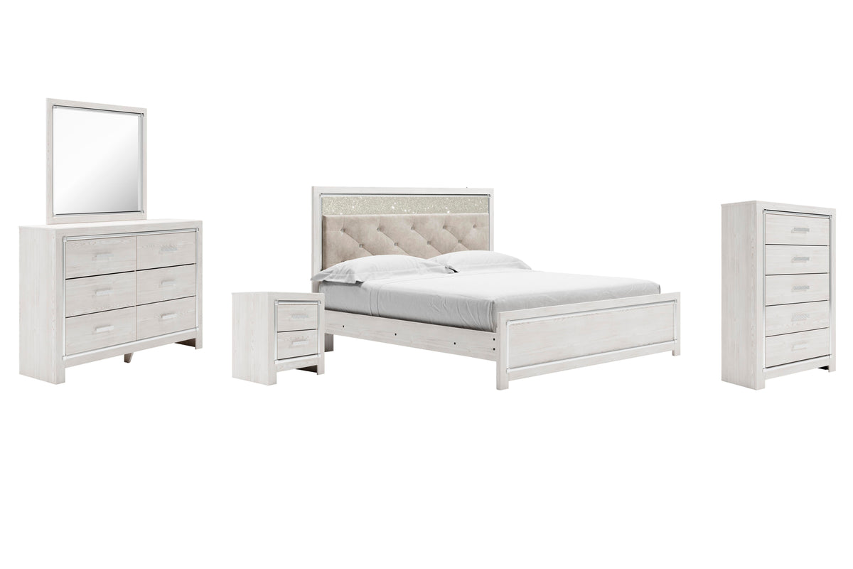 Altyra Panel Bed Set - King, Mirrored Dresser, Chest and Nightstand