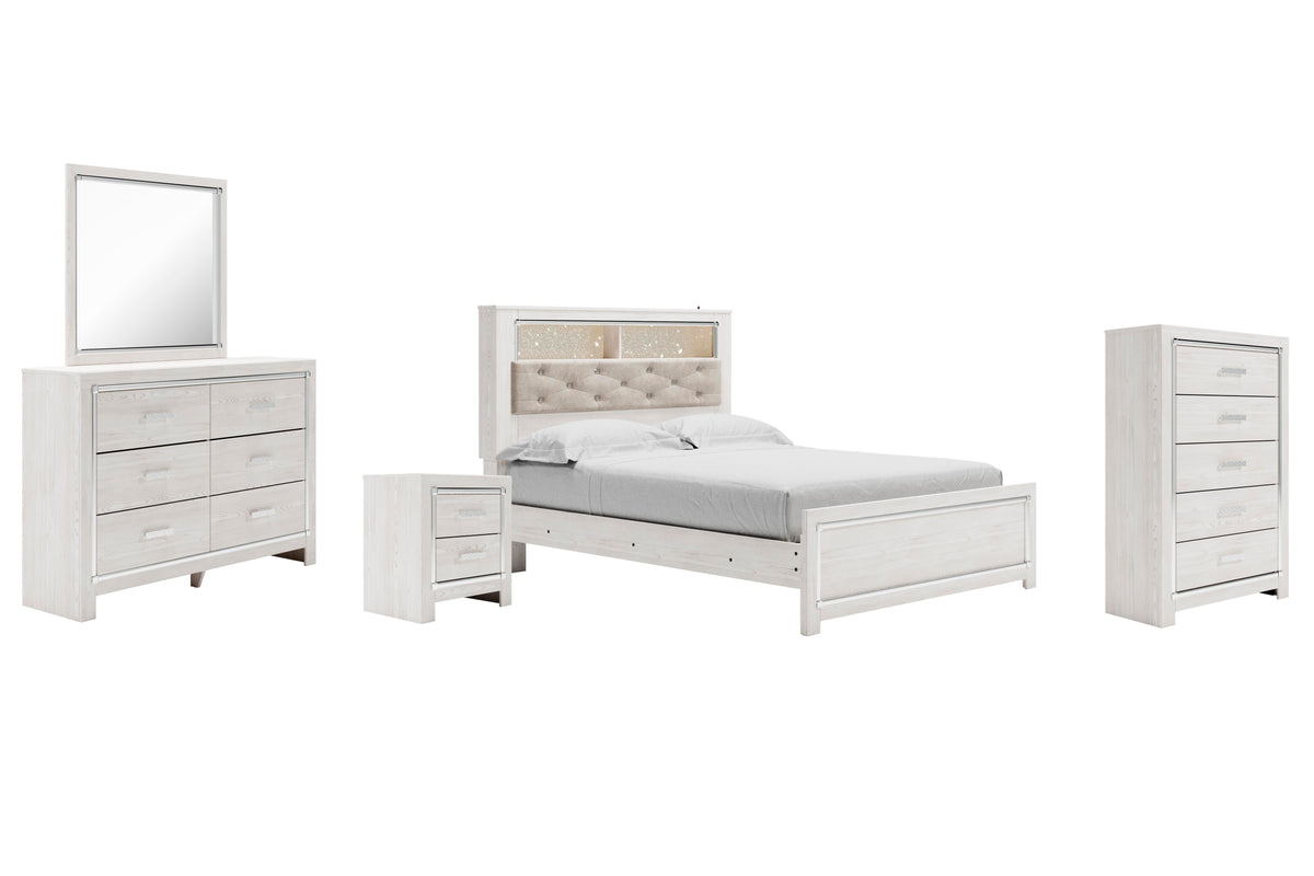Altyra Panel Bookcase Bed Set - Queen, Mirrored Dresser, Chest and Nightstand