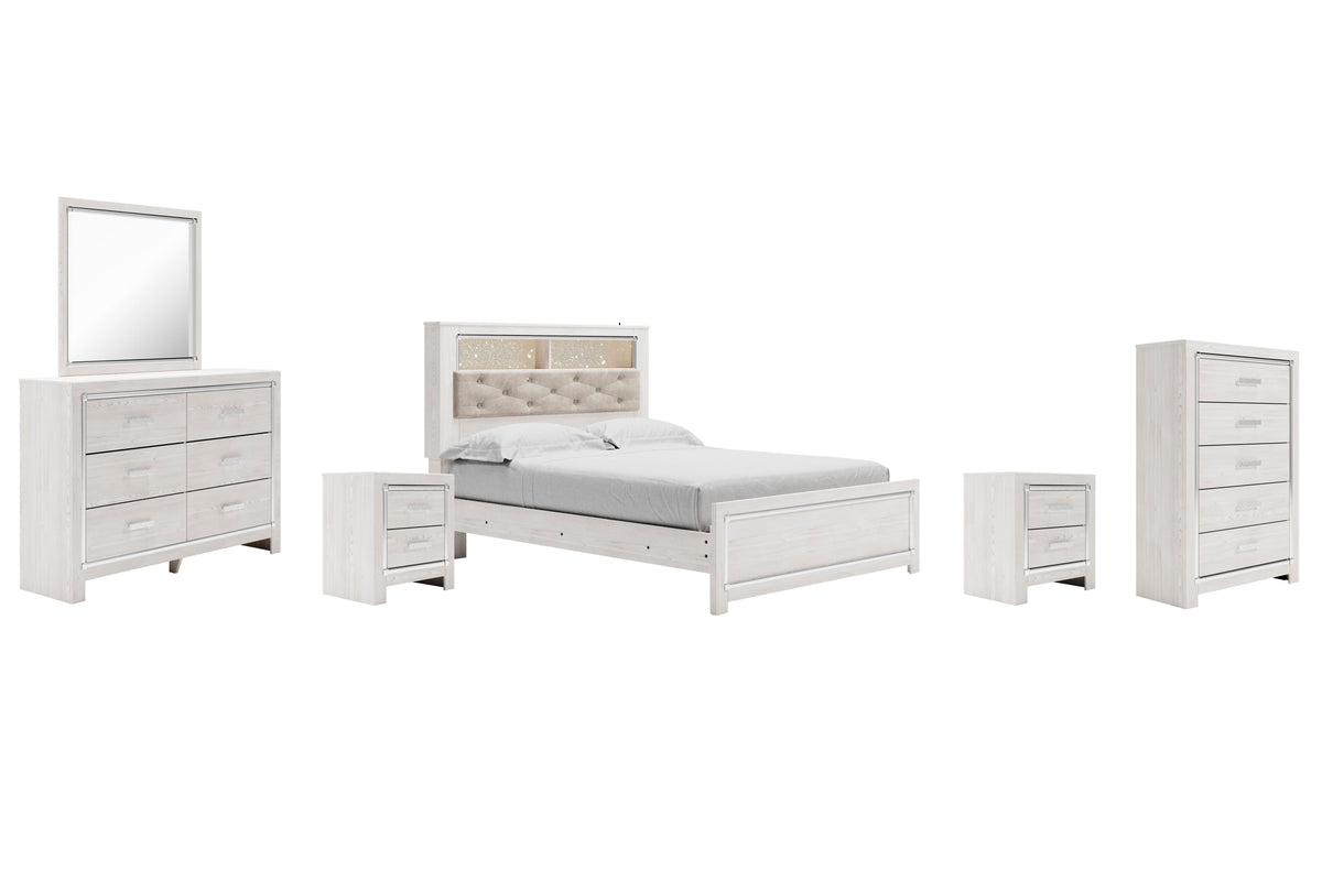 Altyra Panel Bookcase Bed Set - Queen, Mirrored Dresser, Chest and 2 Nightstands