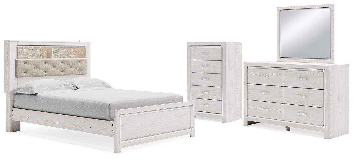 Altyra Panel Bookcase Bed Set - Queen, Mirrored Dresser and Chest