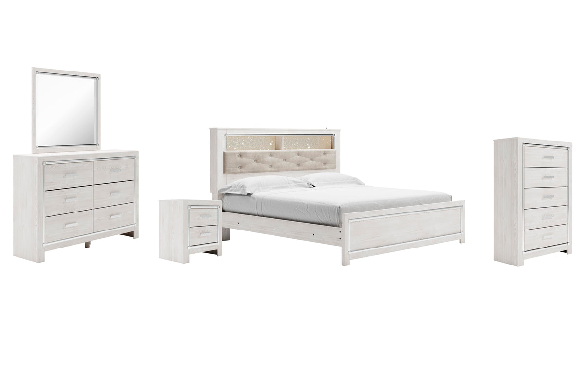 Altyra Panel Bookcase Bed Set - King, Mirrored Dresser, Chest and Nightstand
