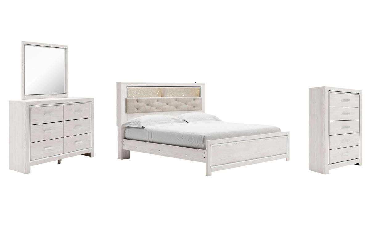 Altyra Panel Bookcase Bed Set - King, Mirrored Dresser and Chest