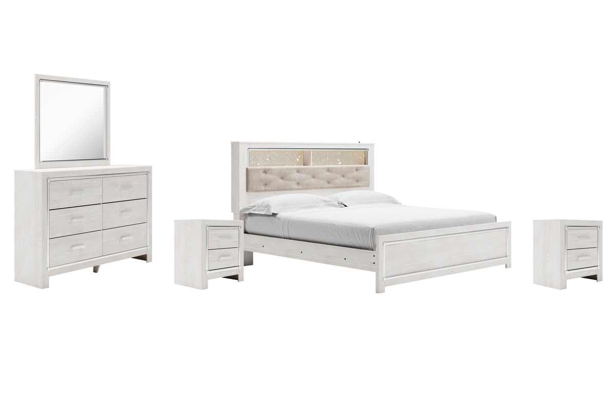 Altyra Panel Bookcase Bed Set - King, Mirrored Dresser and 2 Nightstands