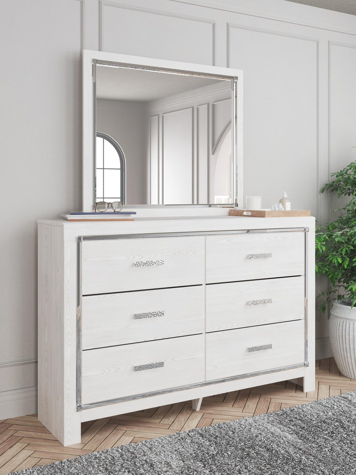 Altyra Queen Upholstered Panel Storage Bed, Dresser and Mirror