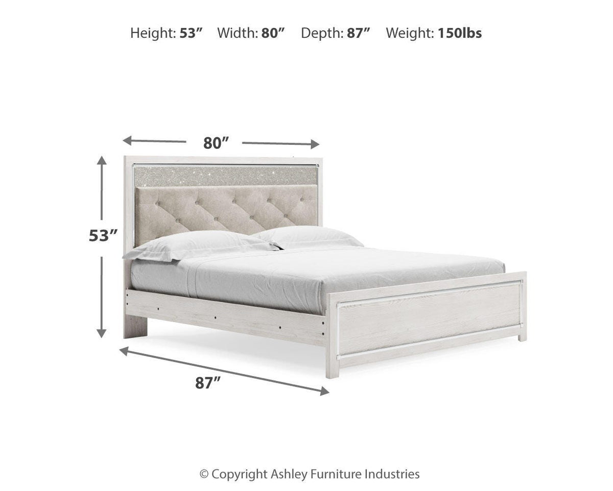 Altyra King Upholstered Panel Bed, Dresser, Mirror, and Nightstand