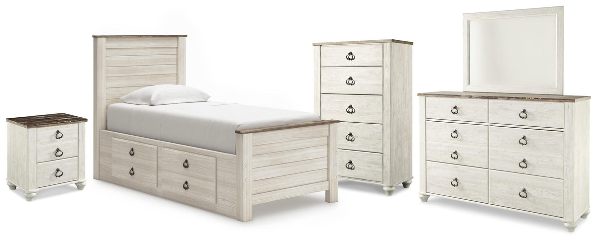 Willowton Twin Bed with Storage, Dresser, Mirror, Chest and Nightstand