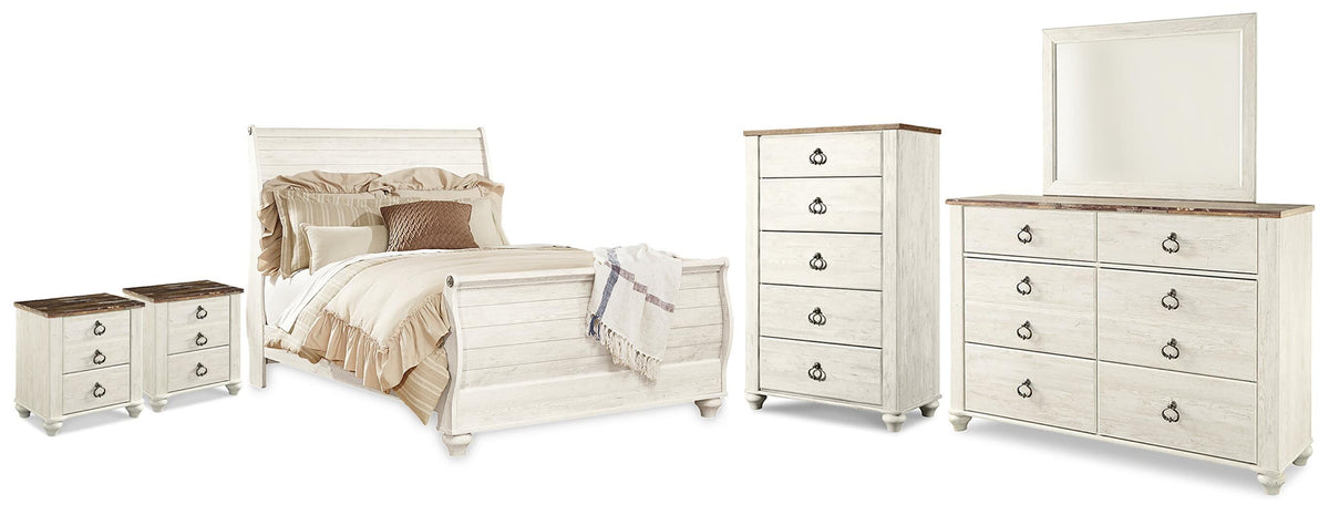 Willowton Queen Sleigh Bed, Dresser, Mirror, Chest and 2 Nightstands