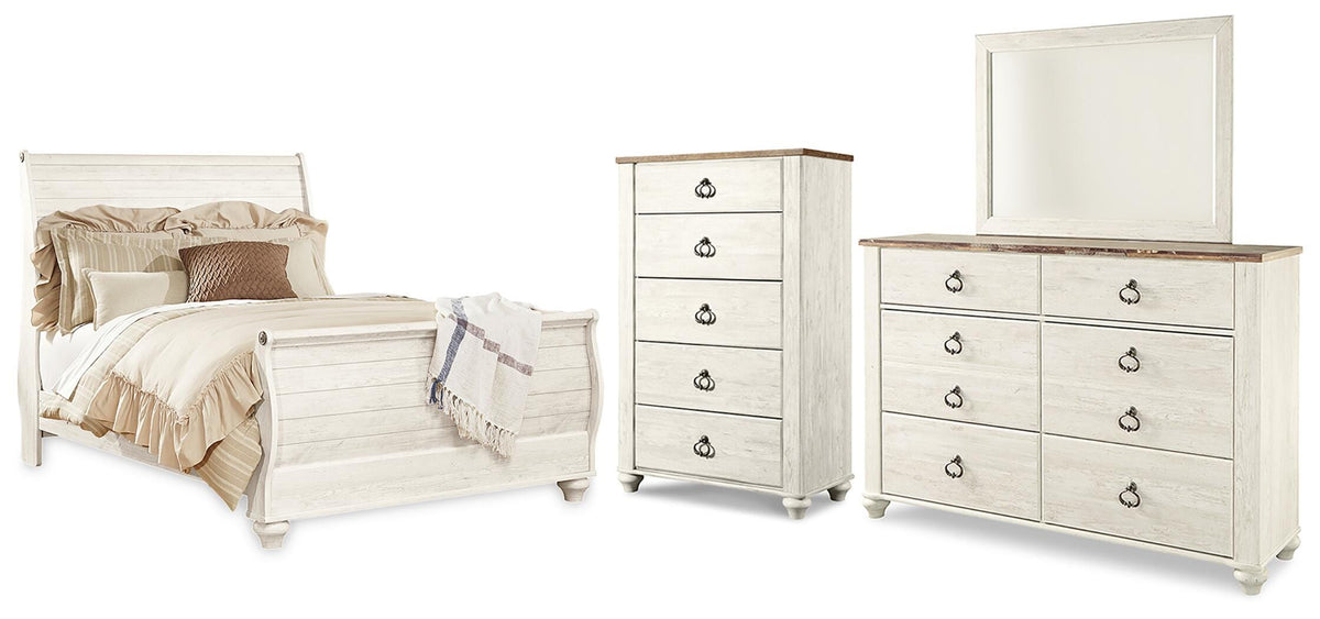 Willowton Queen Sleigh Bed with Mirrored Dresser and Chest