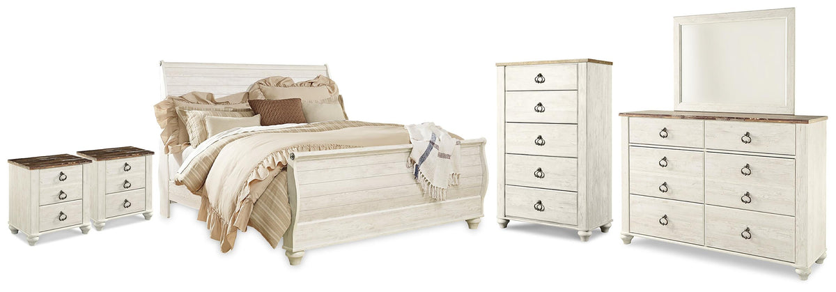 Willowton King Sleigh Bed, Dresser, Mirror, Chest and 2 Nightstands