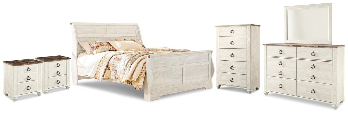 Willowton King Sleigh Bed, Dresser, Mirror, Chest and 2 Nightstands