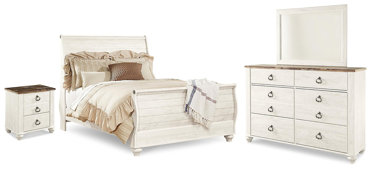 Willowton Queen Sleigh Bed with Mirrored Dresser and Nightstand