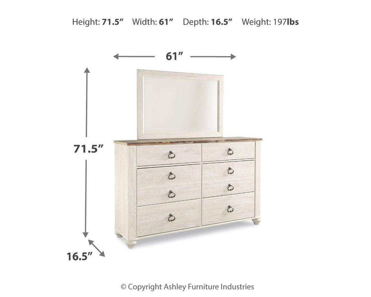 Willowton Full Panel Bed, Dresser, Mirror, 2 Chests and nightstand