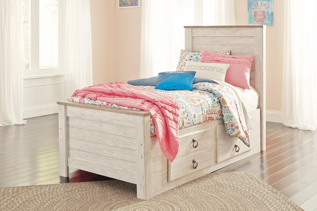 Willowton Twin Bed with Storage, Dresser, Mirror, Chest and Nightstand