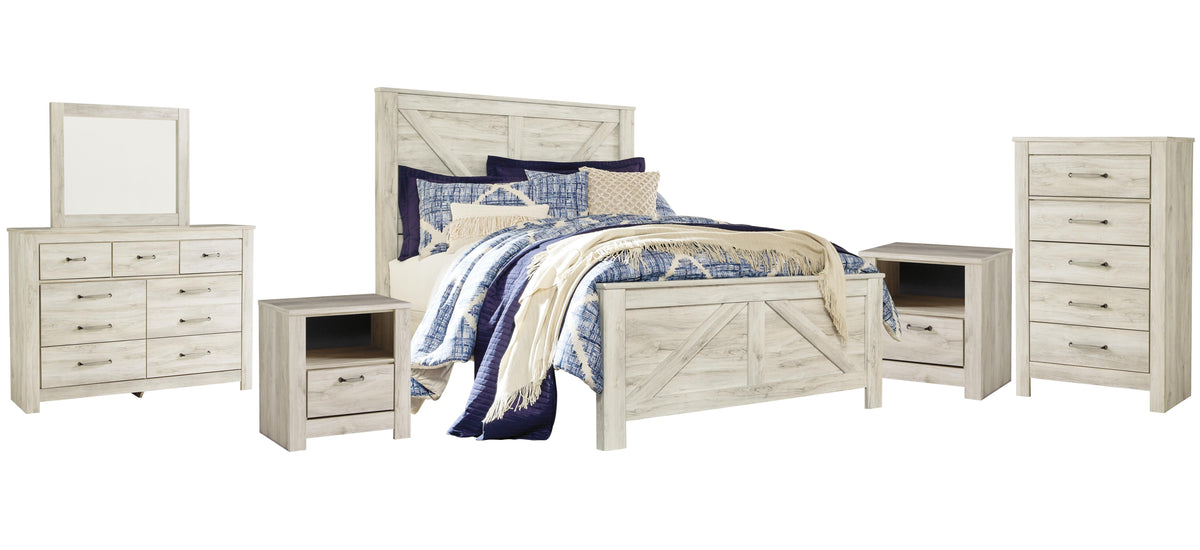 Bellaby Crossbuck Panel Bed Set - Queen, Mirrored Dresser, Chest and 2 Nightstands