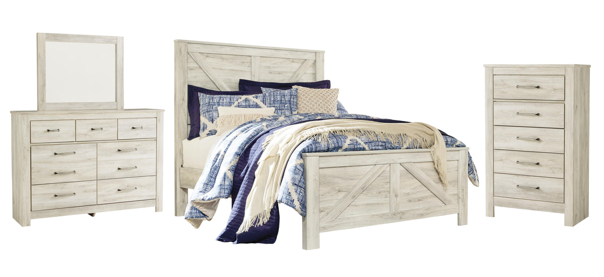 Bellaby Crossbuck Panel Bed Set - Queen, Mirrored Dresser and Chest