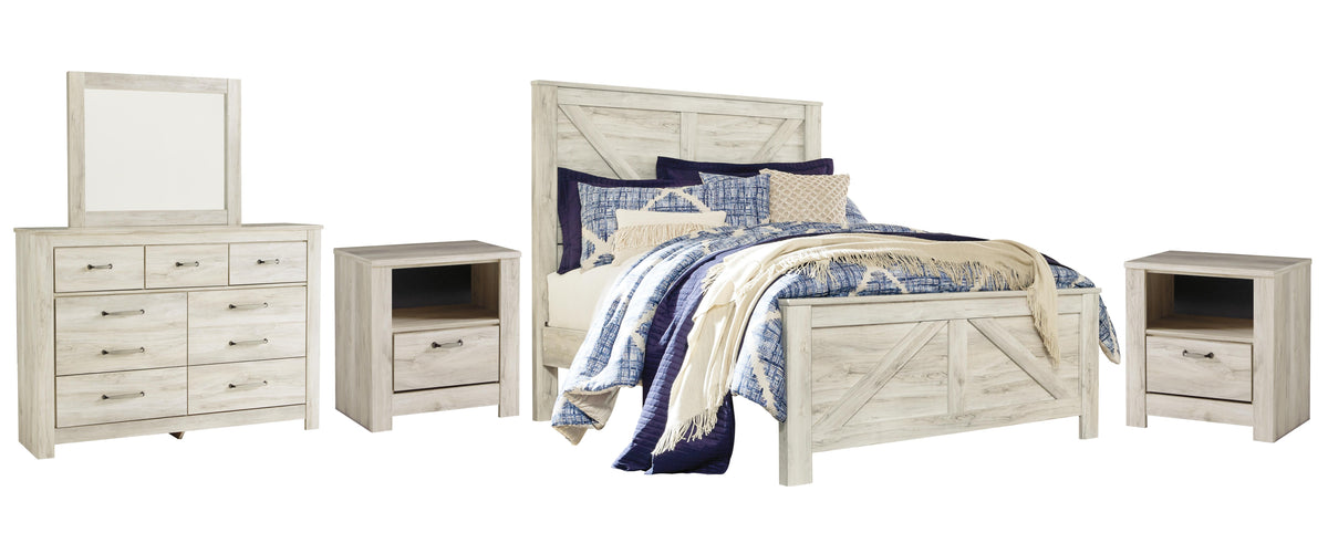 Bellaby Crossbuck Panel Bed Set - Queen, Mirrored Dresser and 2 Nightstands