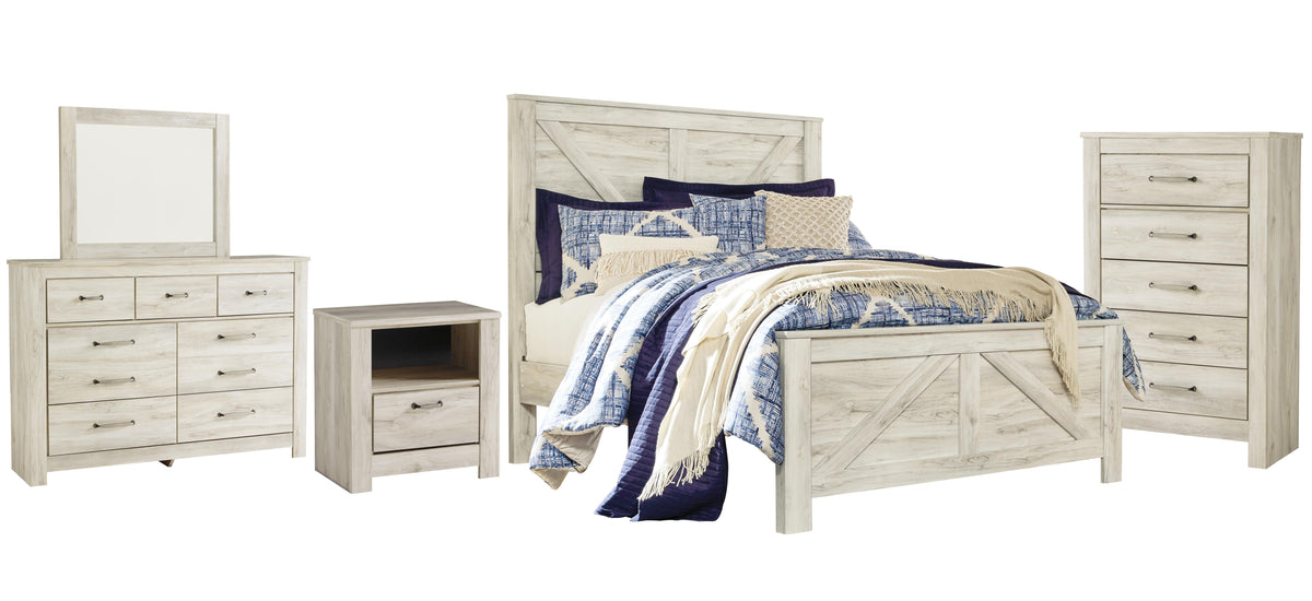 Bellaby Crossbuck Panel Bed Set - Queen, Mirrored Dresser, Chest and Nightstand