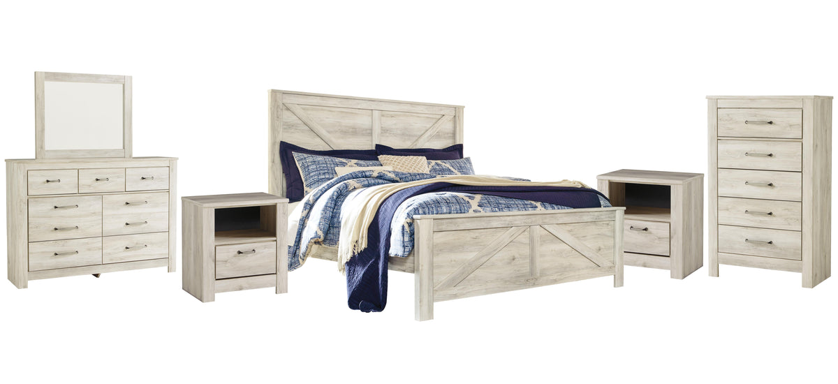 Bellaby Crossbuck Panel Bed Set - King, Mirrored Dresser, Chest and 2 Nightstands