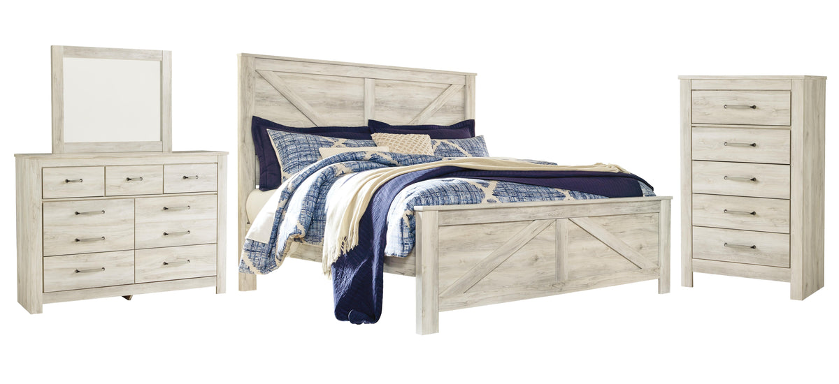 Bellaby Crossbuck Panel Bed Set - King, Mirrored Dresser and Chest