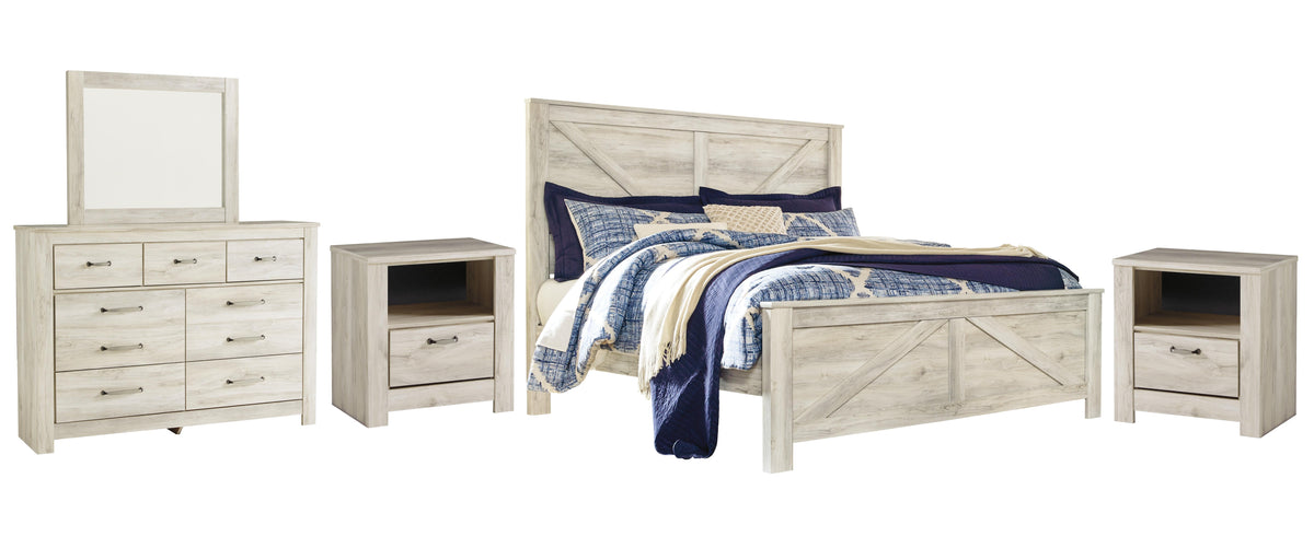 Bellaby Crossbuck Panel Bed Set - King, Mirrored Dresser and 2 Nightstands