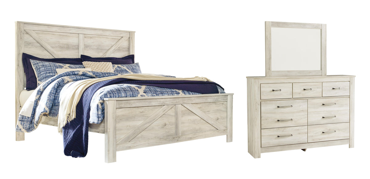 Bellaby Crossbuck Panel Bed Set - King, Mirrored Dresser