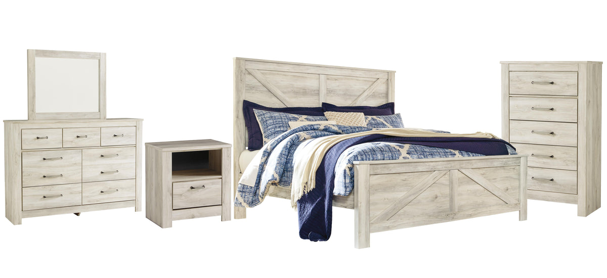 Bellaby Crossbuck Panel Bed Set - King, Mirrored Dresser, Chest and Nightstand