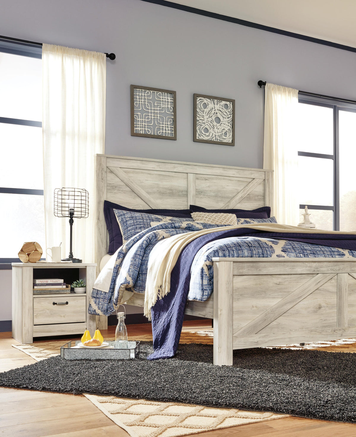 Bellaby Crossbuck Panel Bed Set - King, Mirrored Dresser and 2 Nightstands