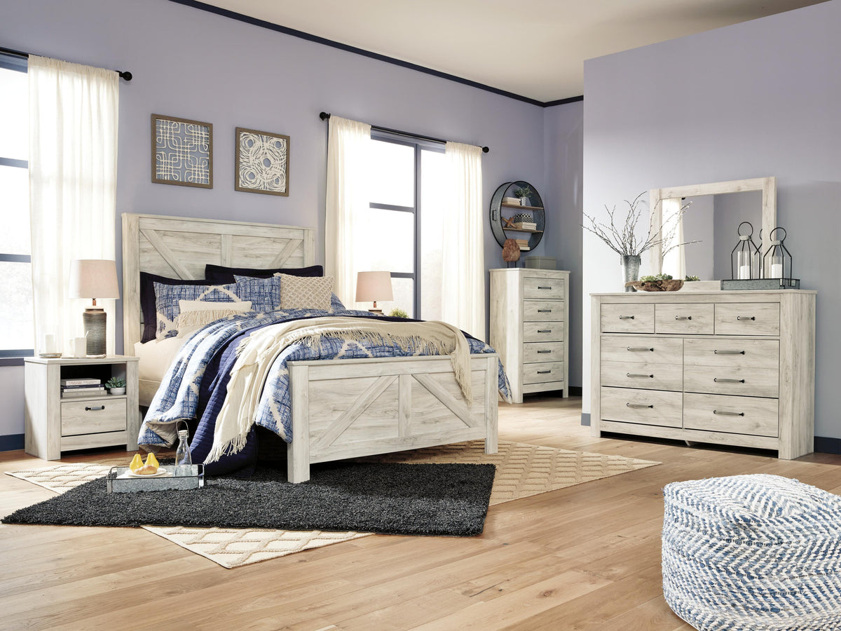 Bellaby Crossbuck Panel Bed Set - Queen, Mirrored Dresser, Chest and Nightstand