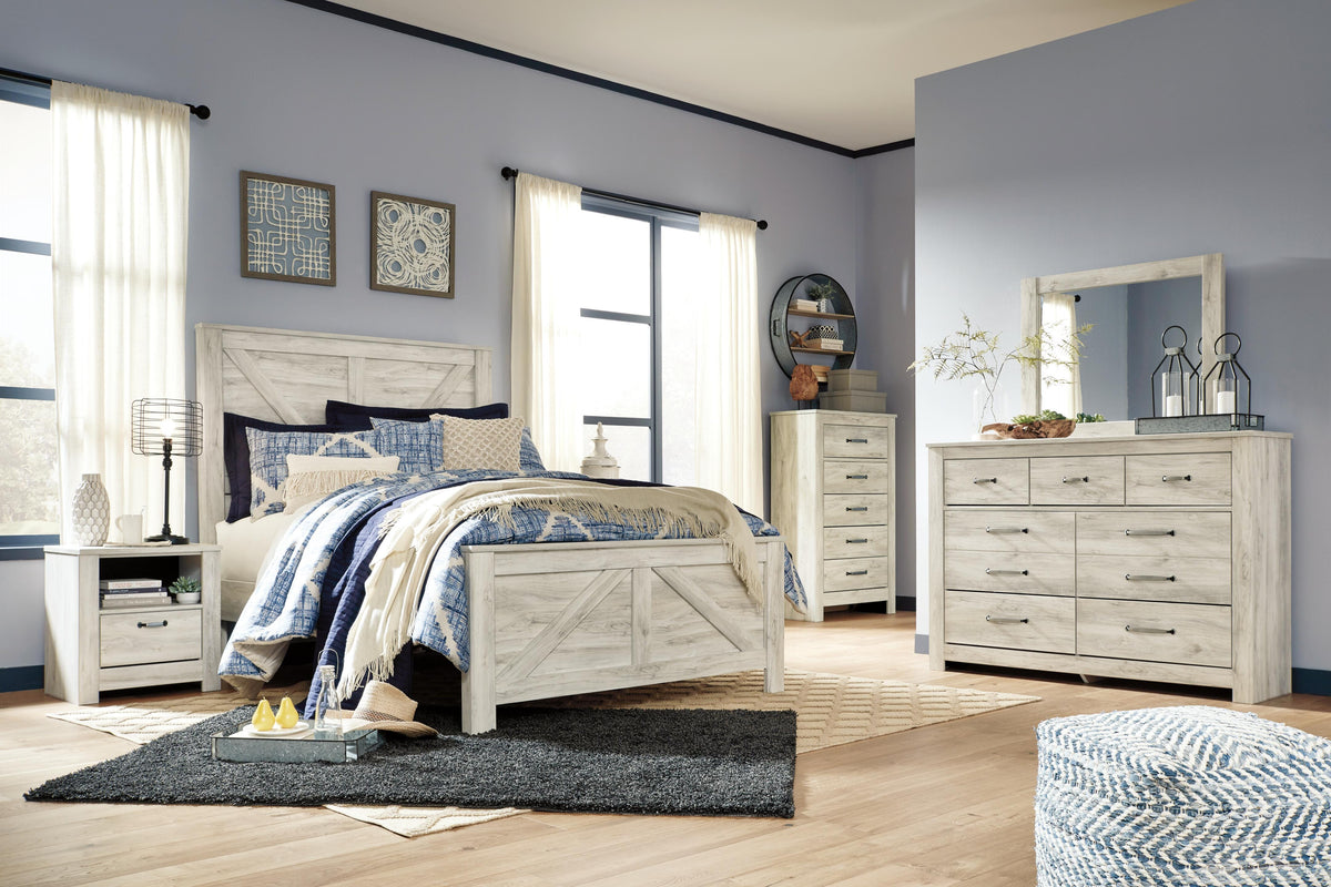 Bellaby Crossbuck Panel Bed Set - Queen, Mirrored Dresser, Chest and 2 Nightstands
